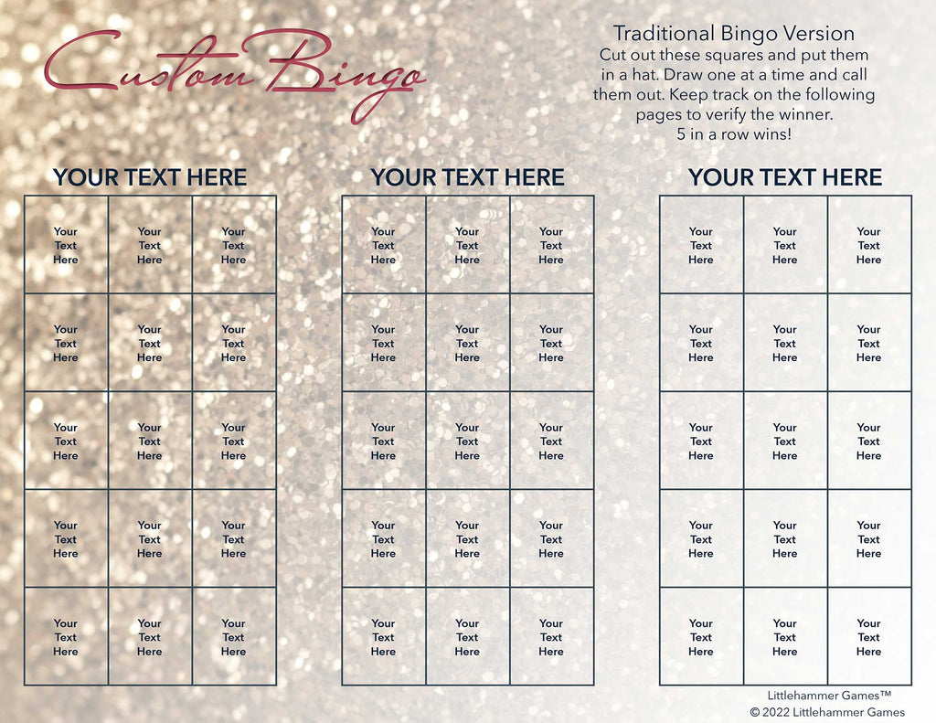 Custom Bingo calling card with a glittery rose gold background
