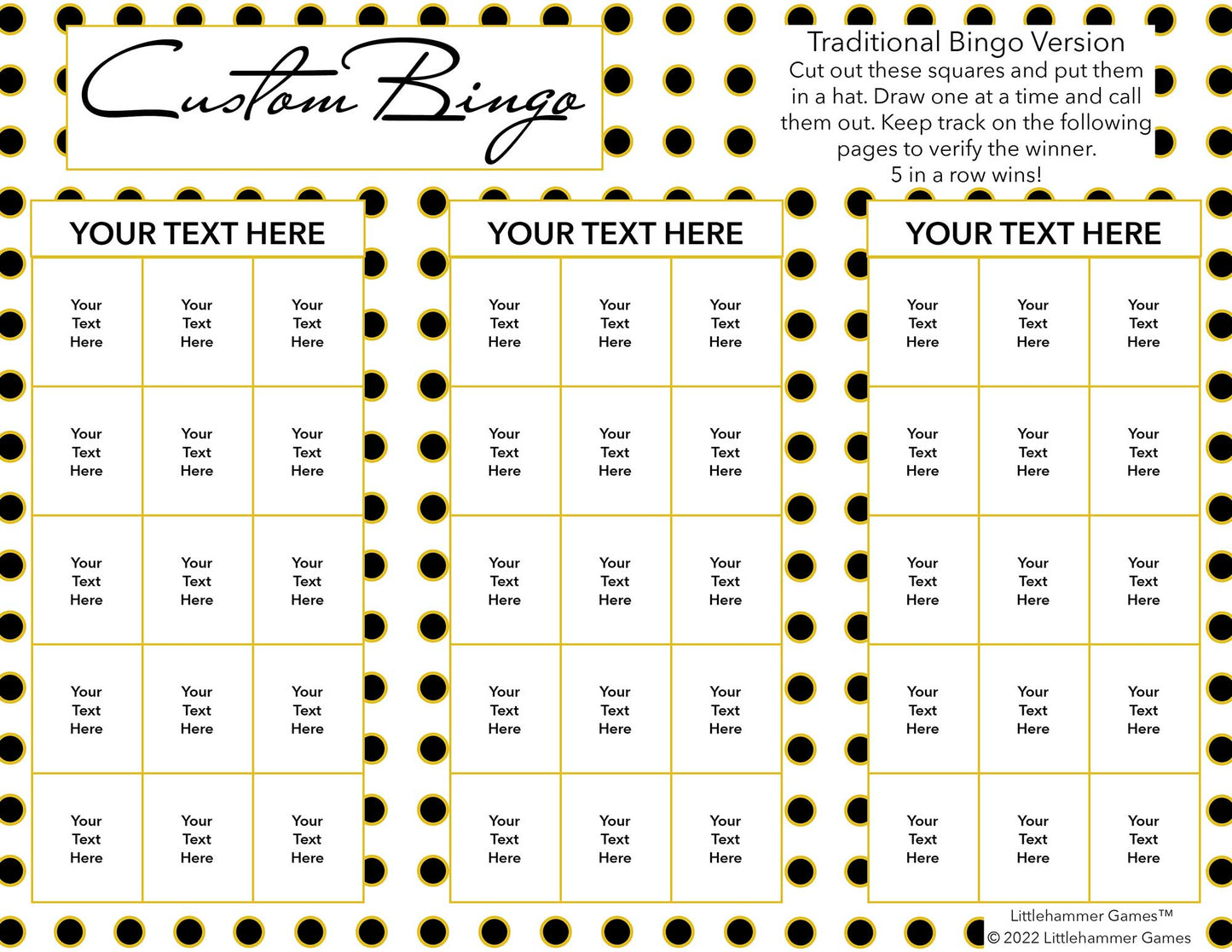 Custom Bingo calling card with a black and gold polka dot background