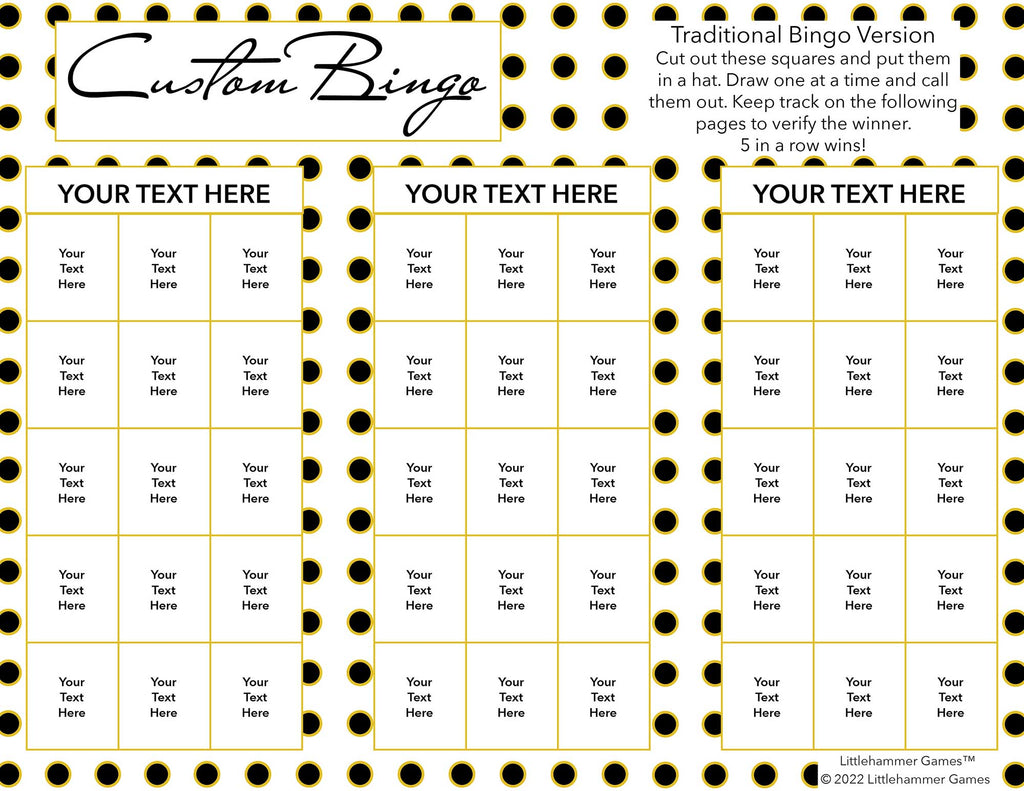 Custom Bingo calling card with a black and gold polka dot background