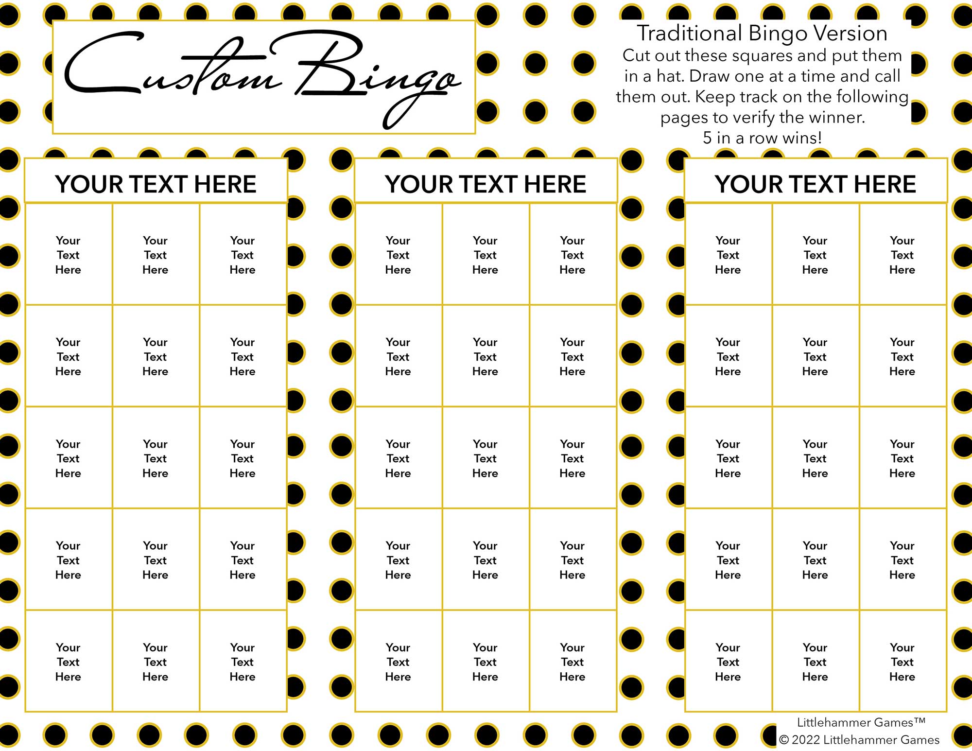 Custom Bingo calling card with a black and gold polka dot background