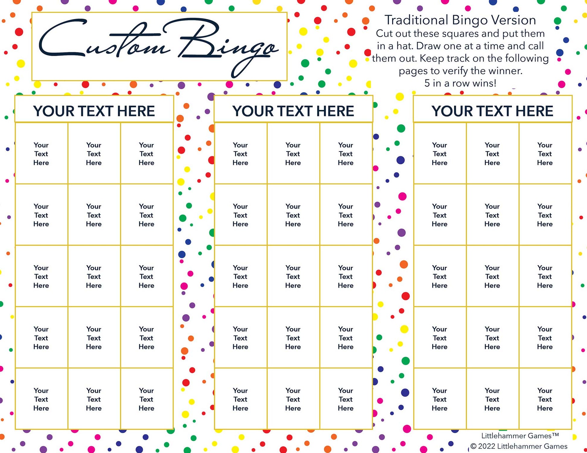 Custom Bingo calling card with a rainbow polka dot background