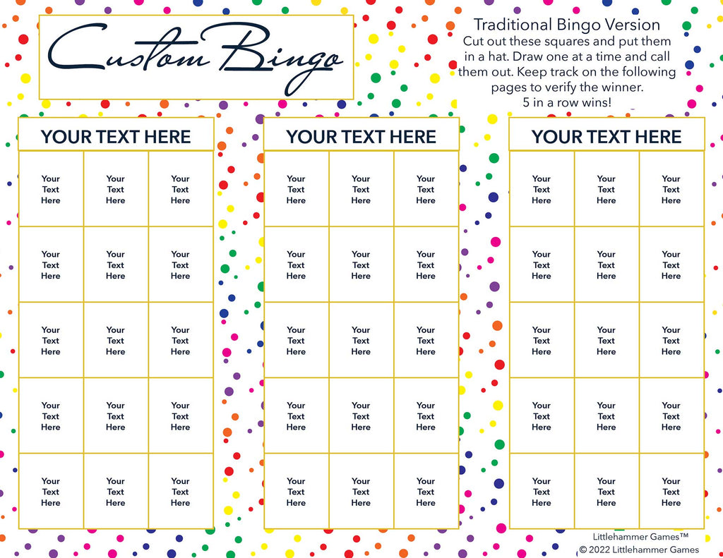 Custom Bingo calling card with a rainbow polka dot background
