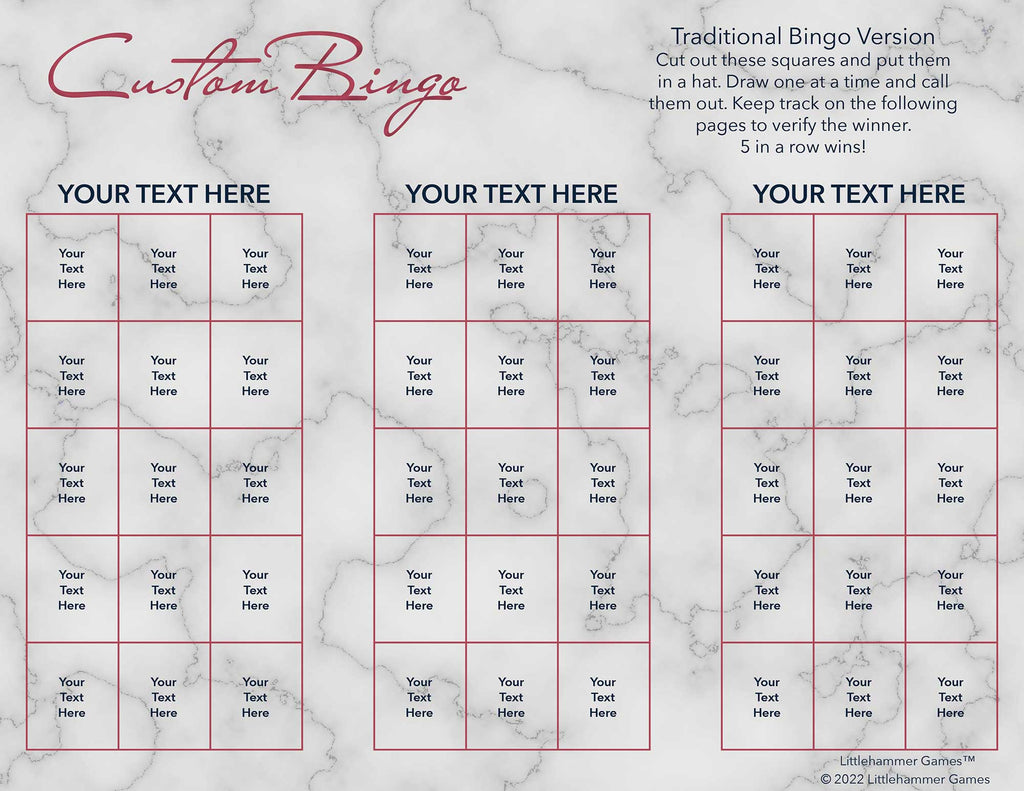 Custom Bingo calling card with rose gold text on a marble background