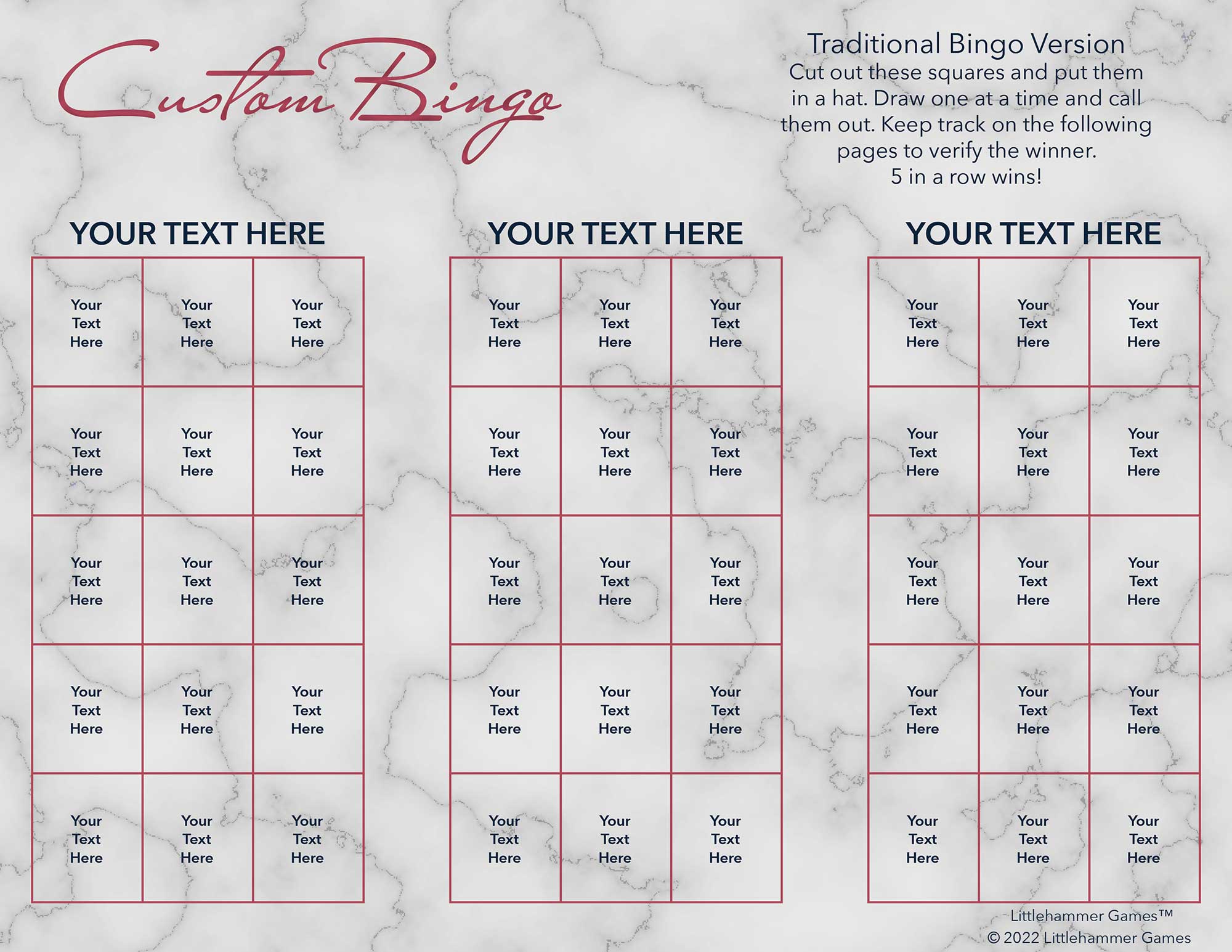 Custom Bingo calling card with rose gold text on a marble background