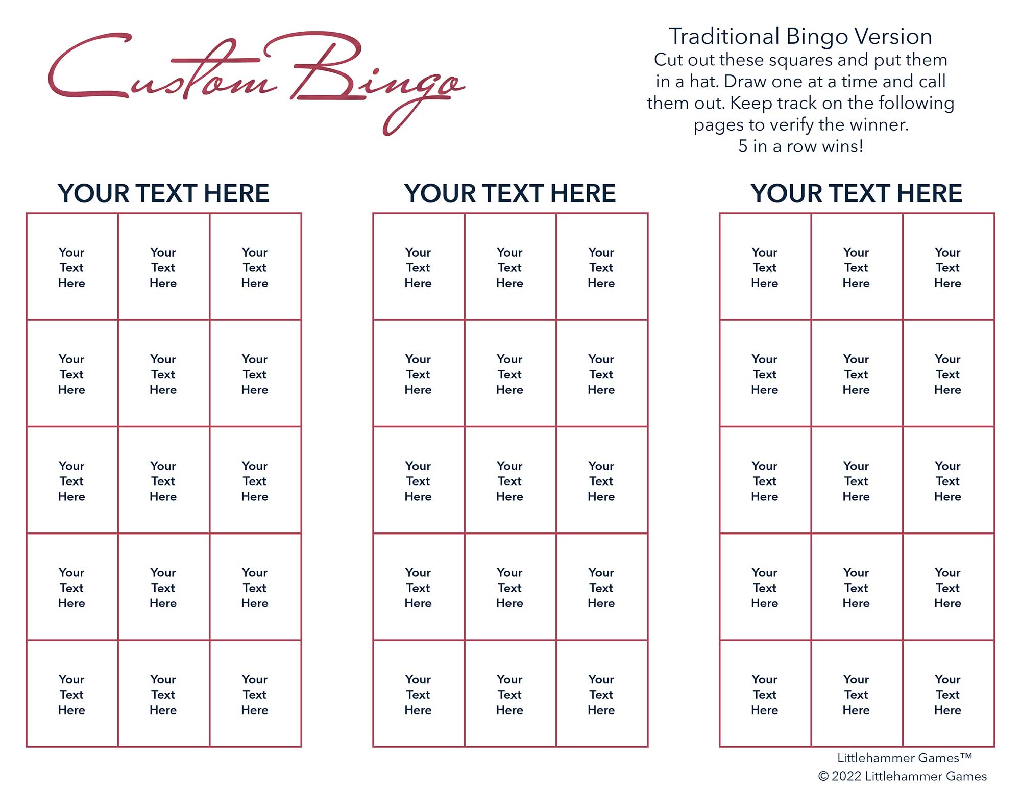 Custom Bingo calling card with rose gold text on a white background