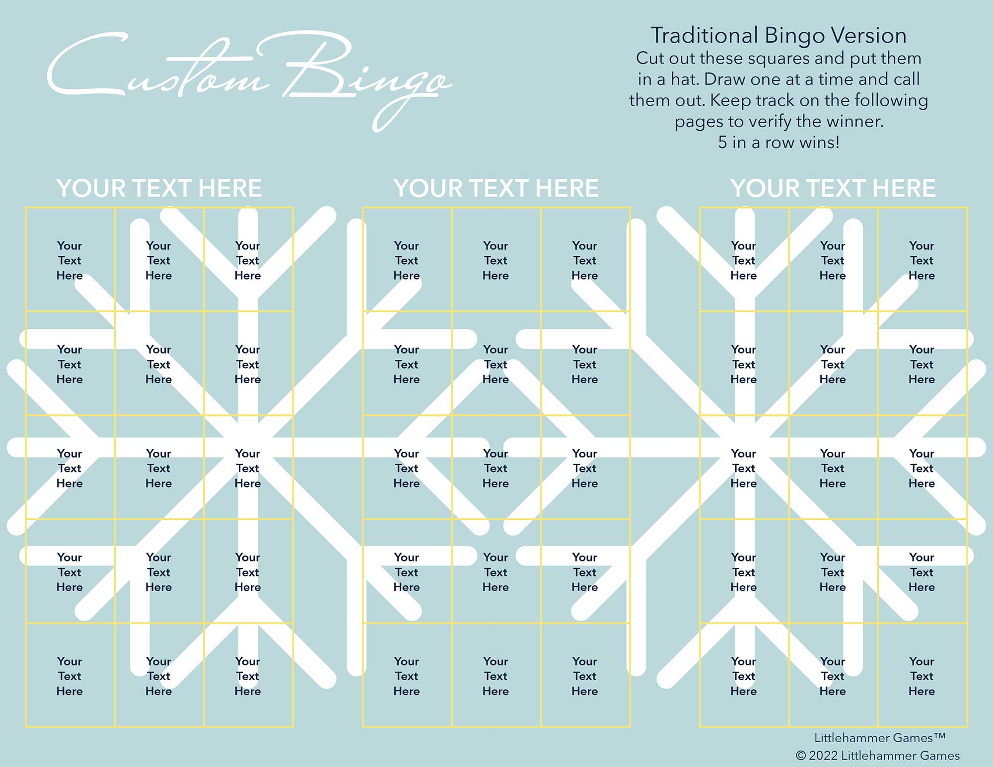 Custom Bingo calling card with a light blue snowflake background