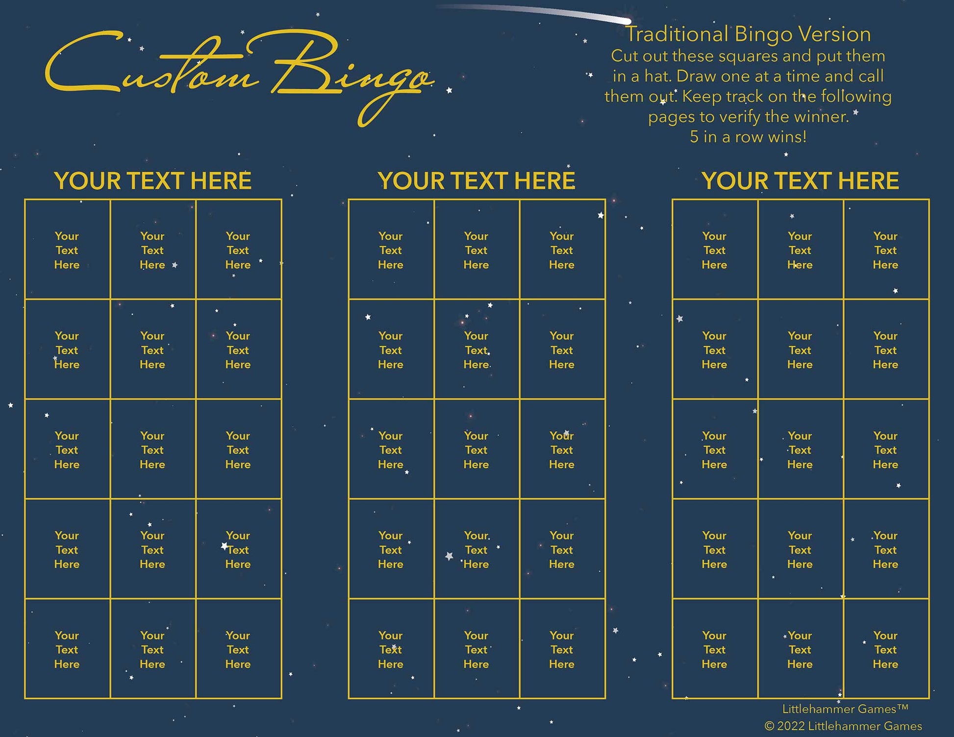 Custom Bingo calling card with gold text on a shooting star background