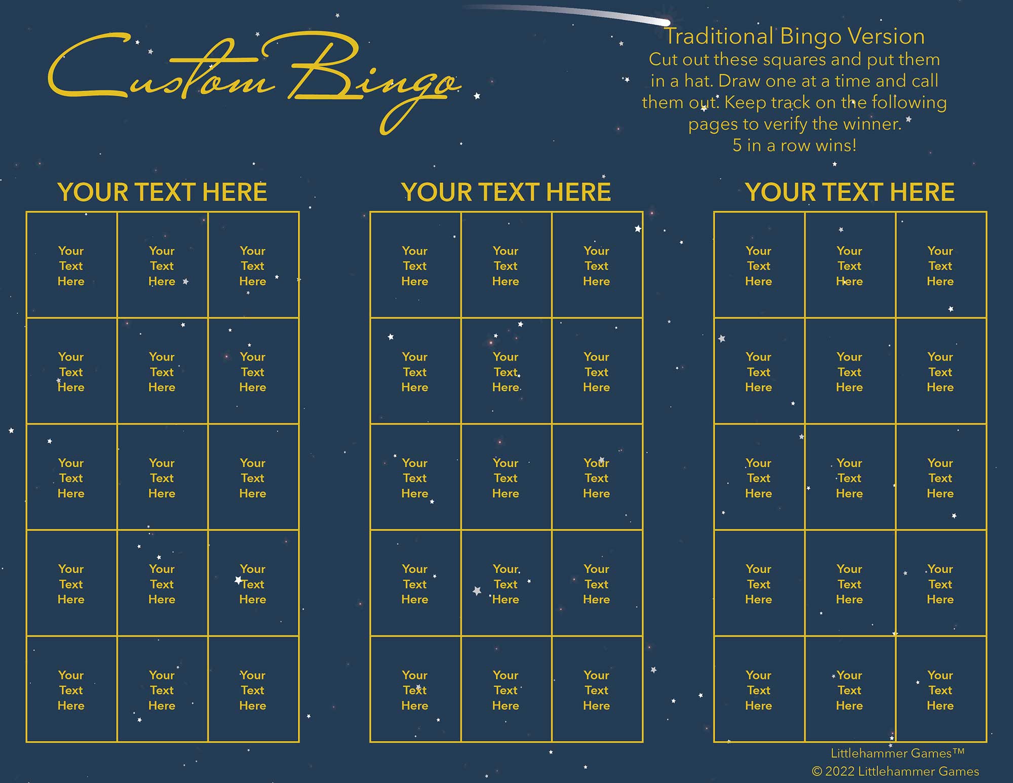 Custom Bingo calling card with gold text on a shooting star background