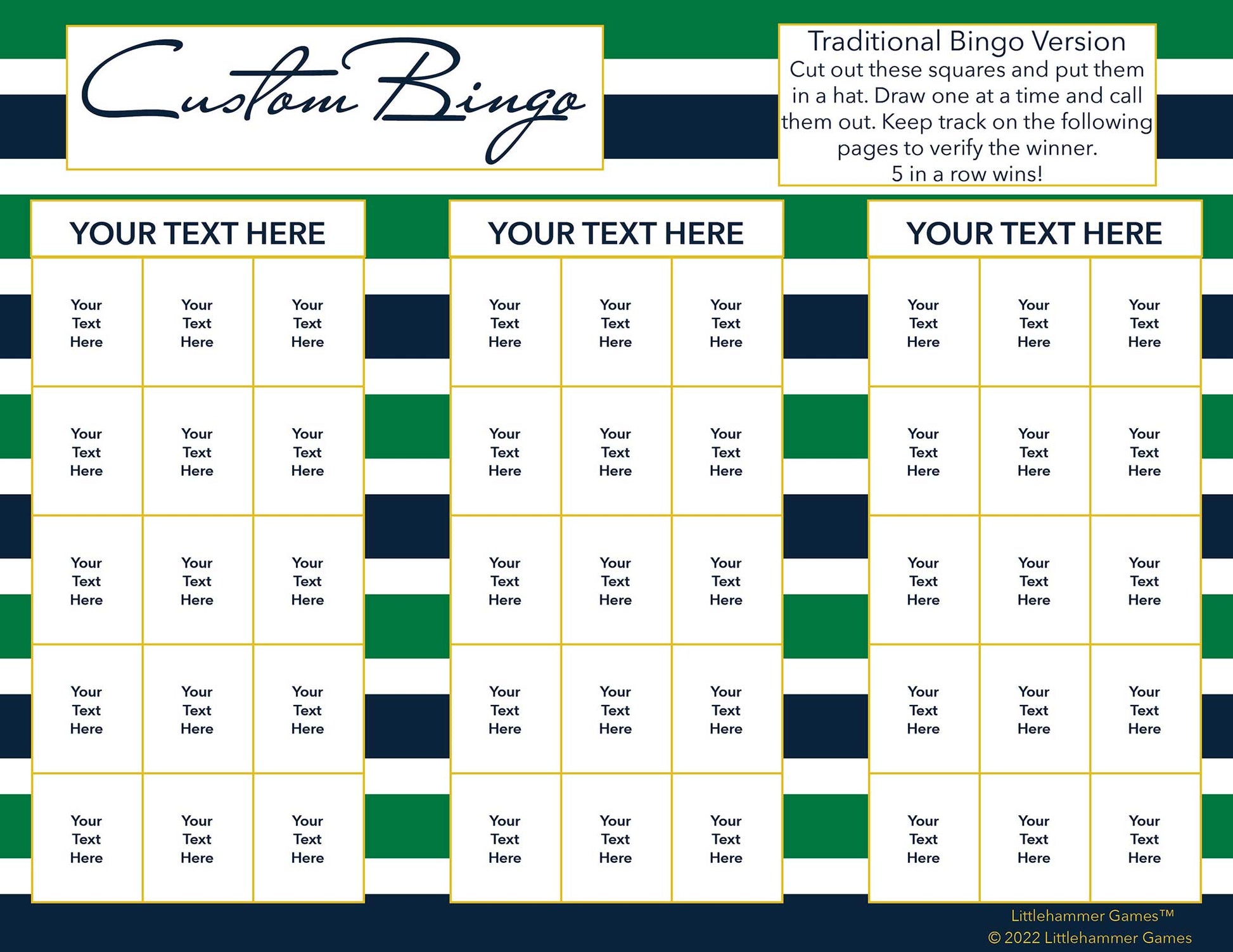 Custom Bingo calling card with a green and navy-striped background
