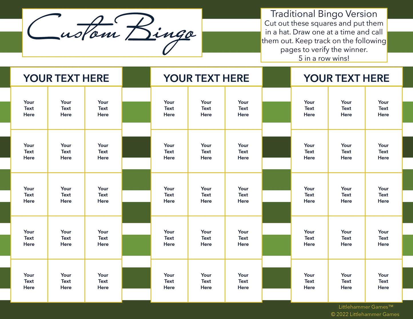Custom Bingo calling card with a green-striped background