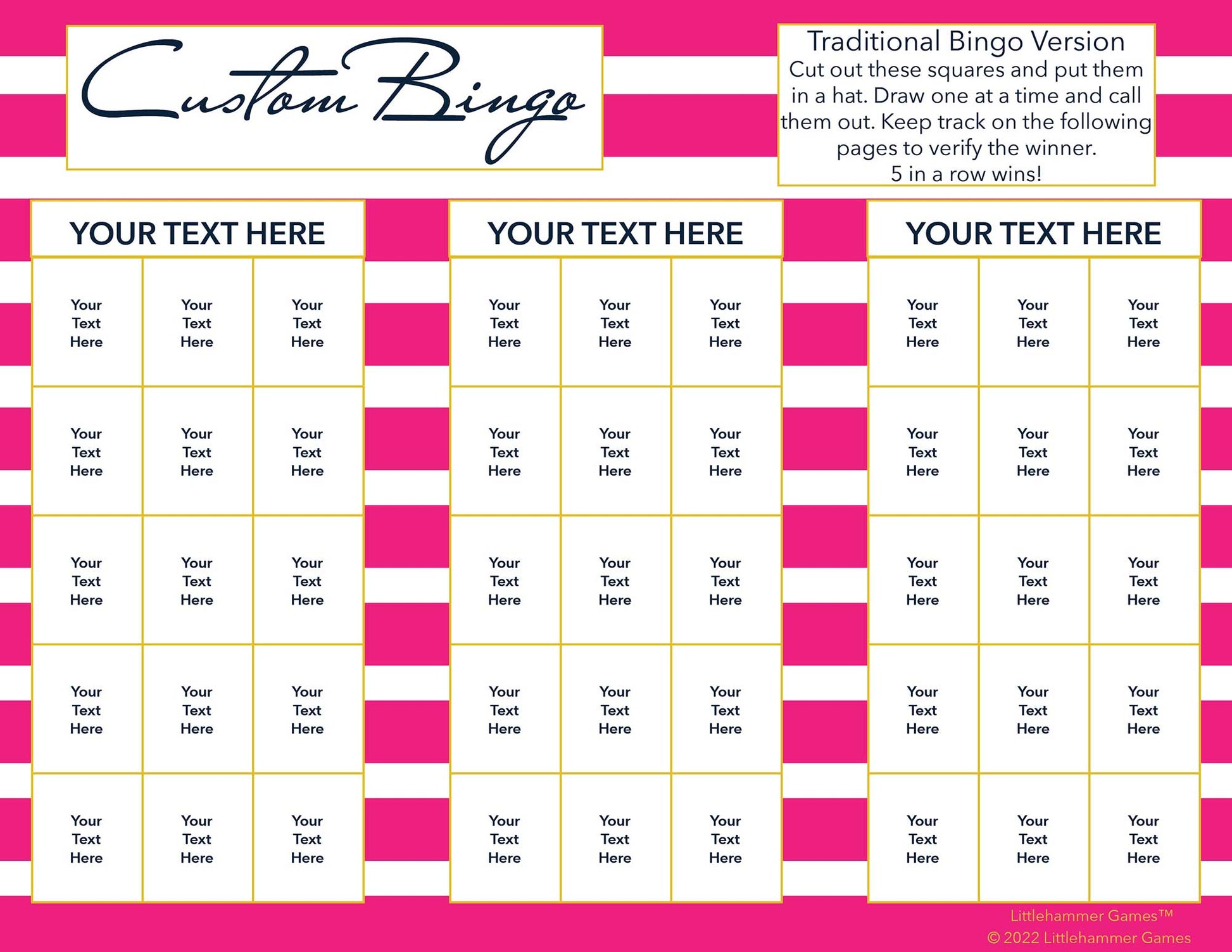 Custom Bingo calling card with a pink-striped background