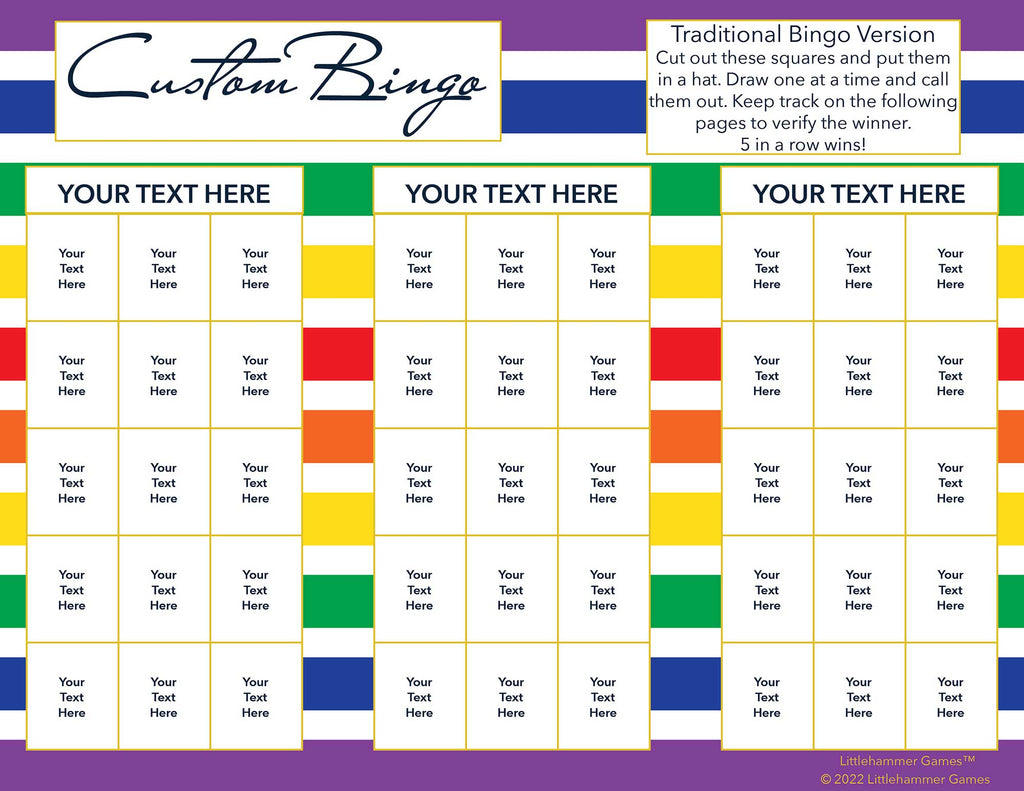 Custom Bingo calling card with a rainbow-striped background