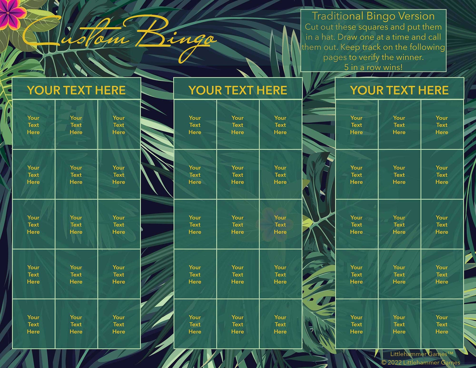 Custom Bingo calling card with gold text on a tropical leaves background