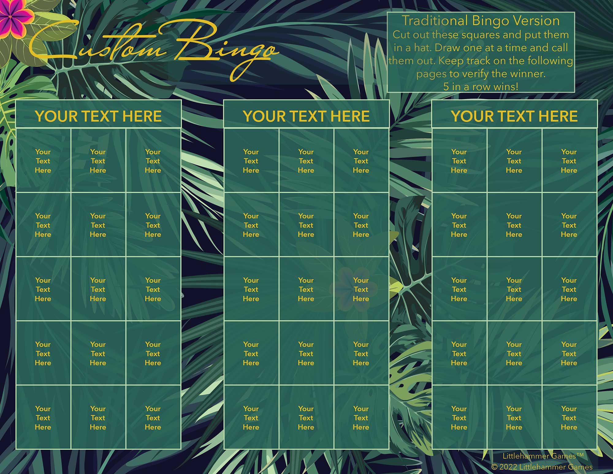 Custom Bingo calling card with gold text on a tropical leaves background