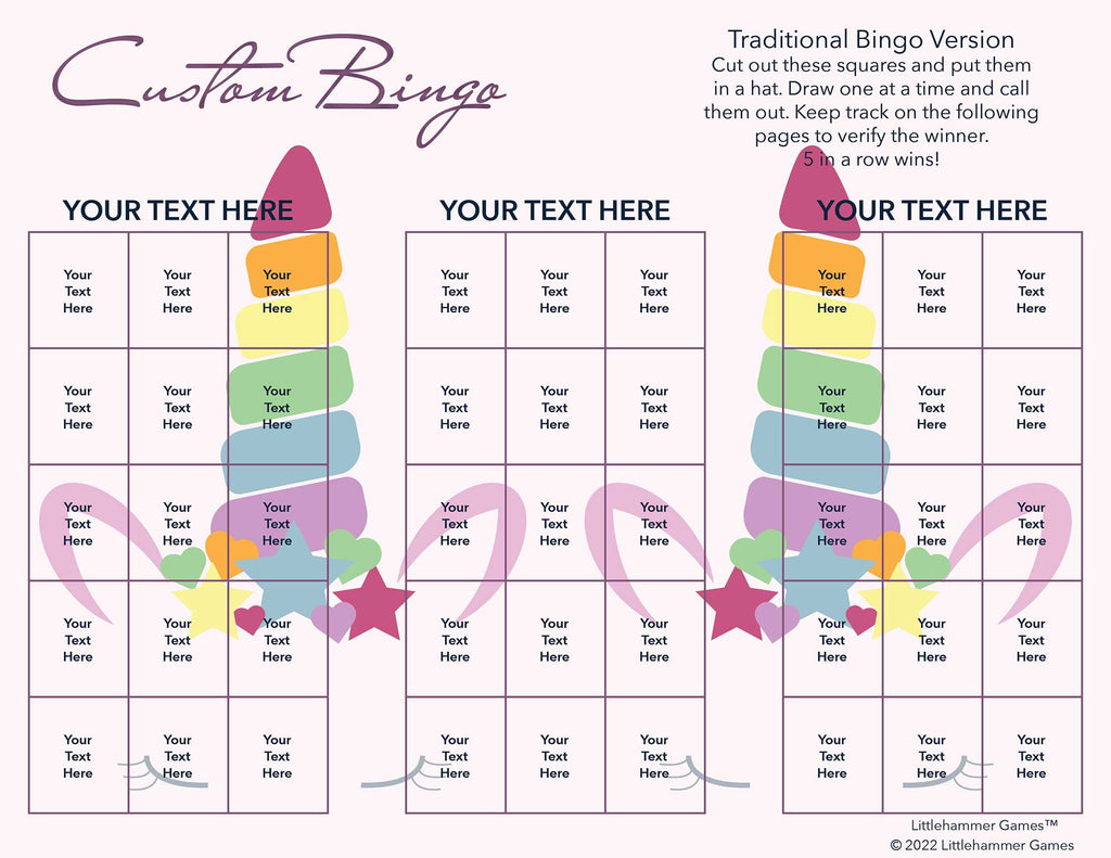 Custom Bingo calling card with a unicorn background