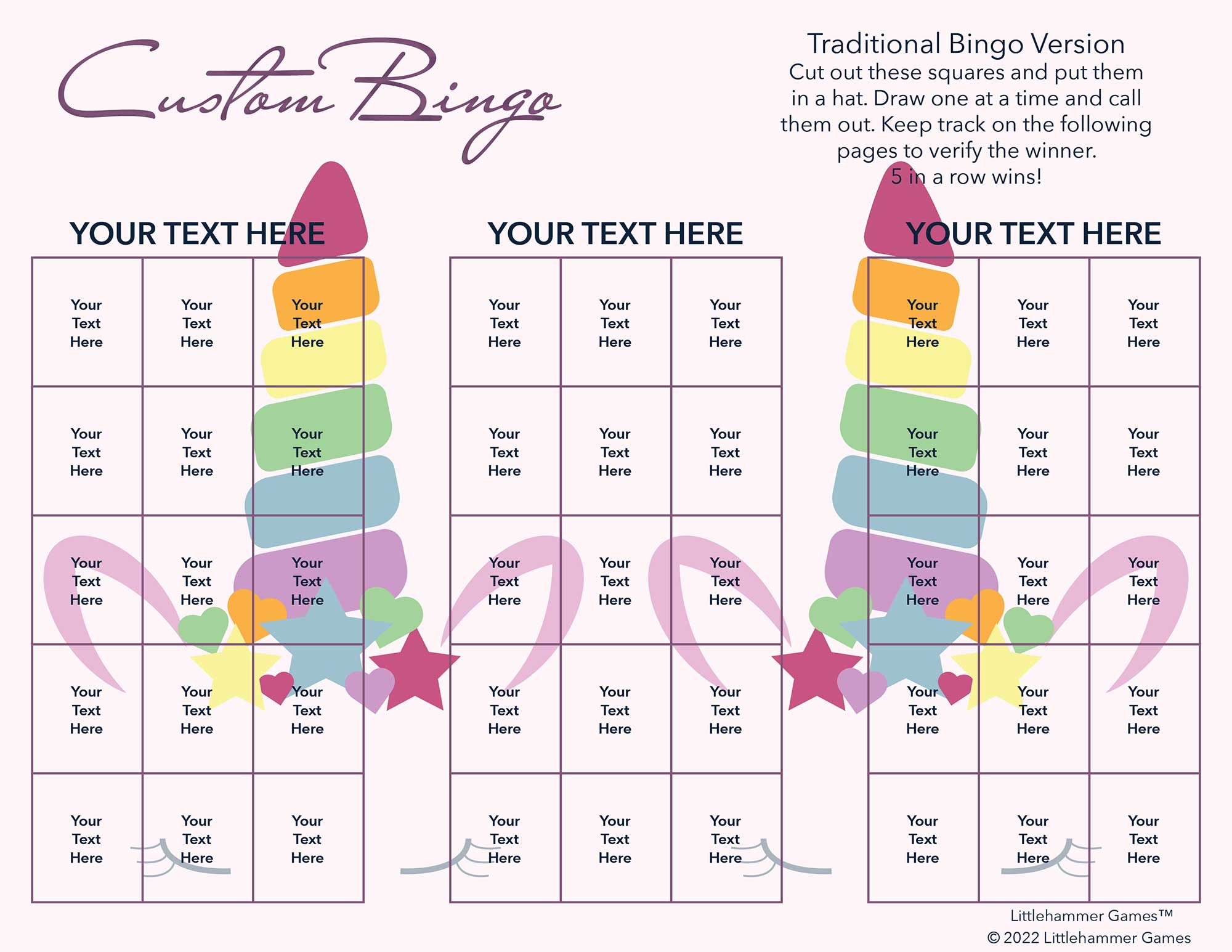 Custom Bingo calling card with a unicorn background