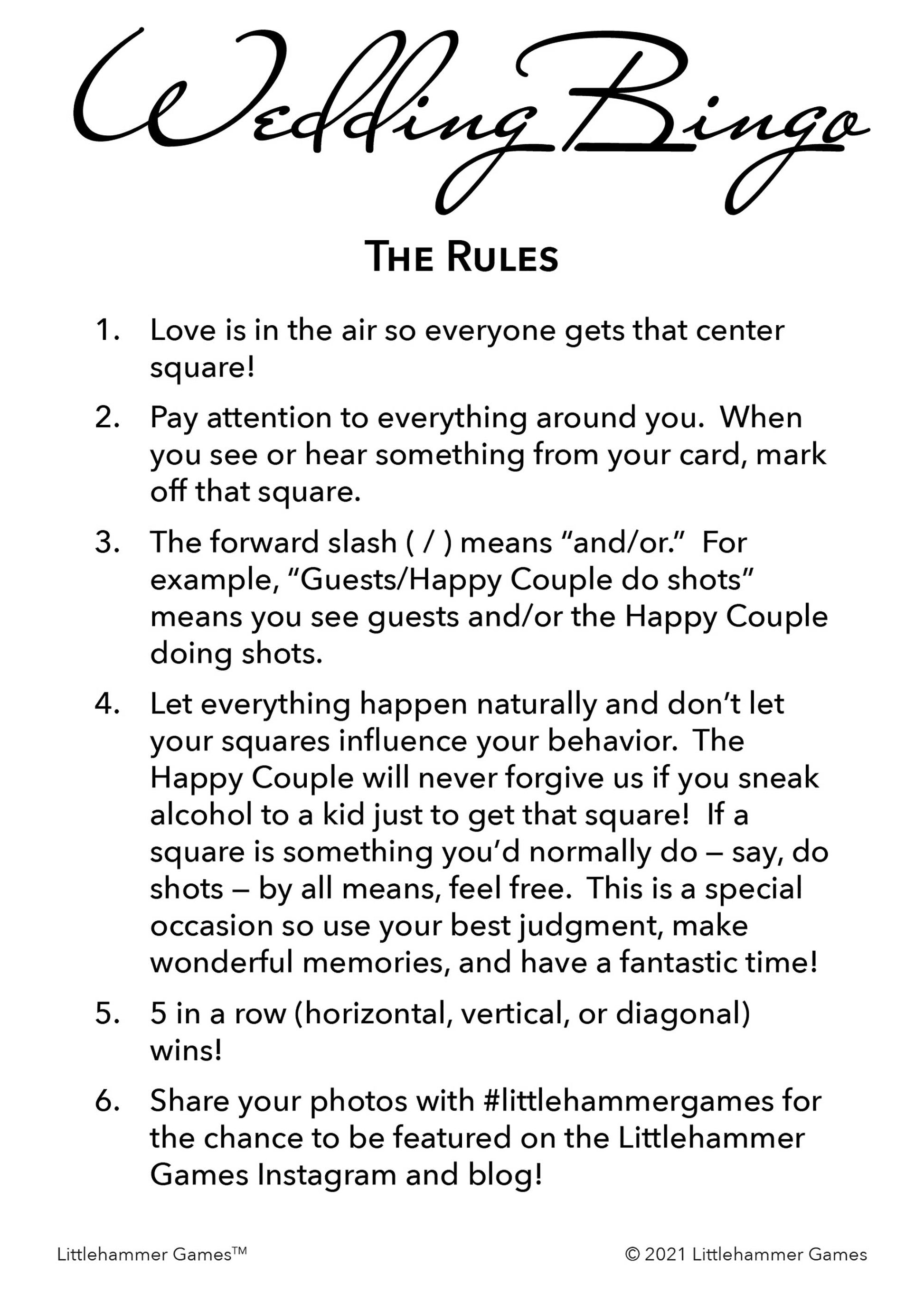 Wedding Bingo rules card on a minimalist black and white background