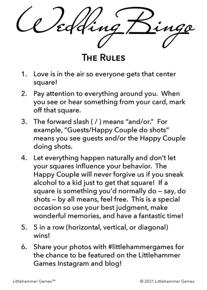 Wedding Bingo rules card on a minimalist black and white background