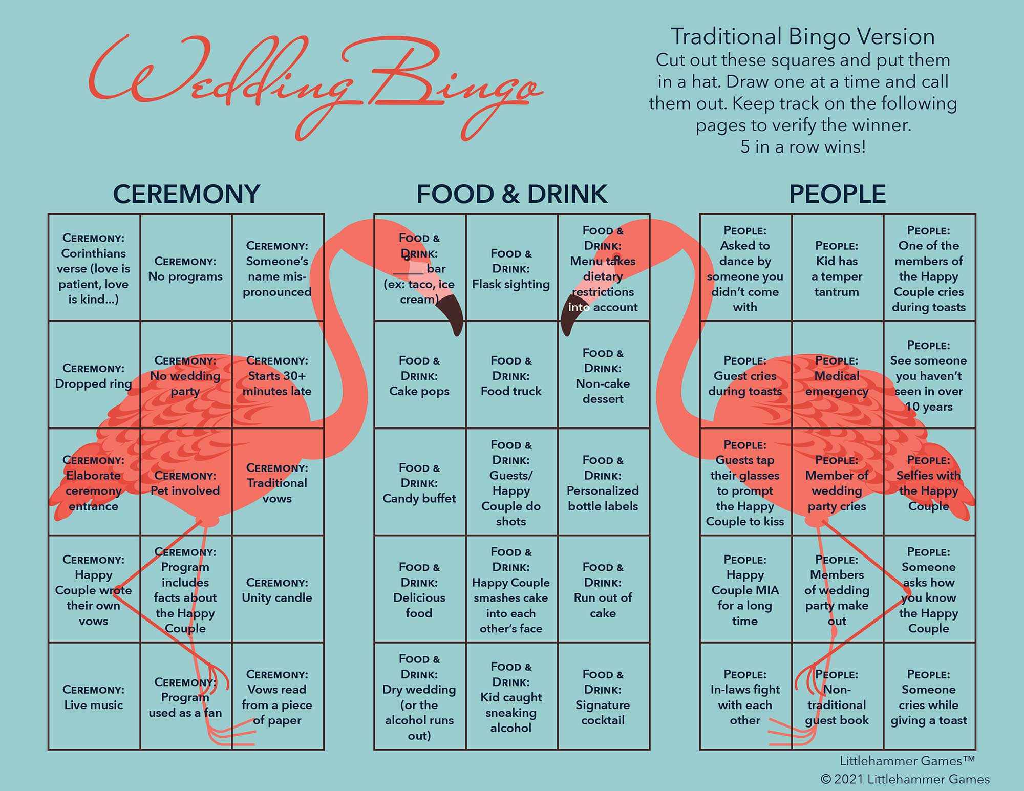 Wedding Bingo calling card on a flamingo background