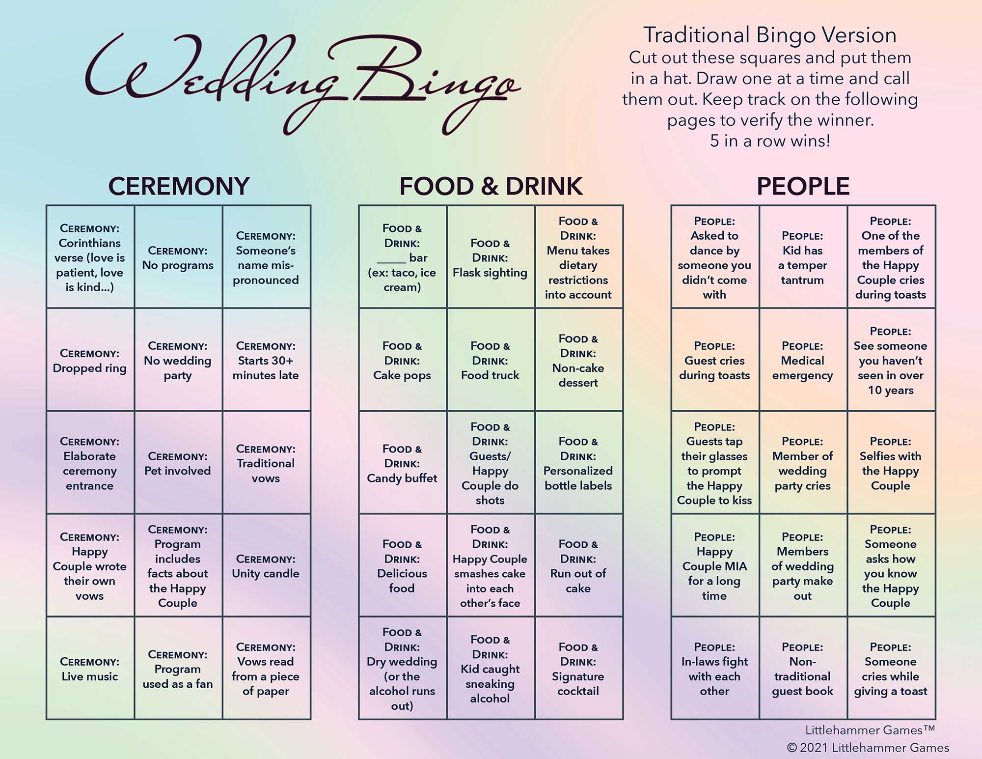 Wedding Bingo calling card on an iridescent background