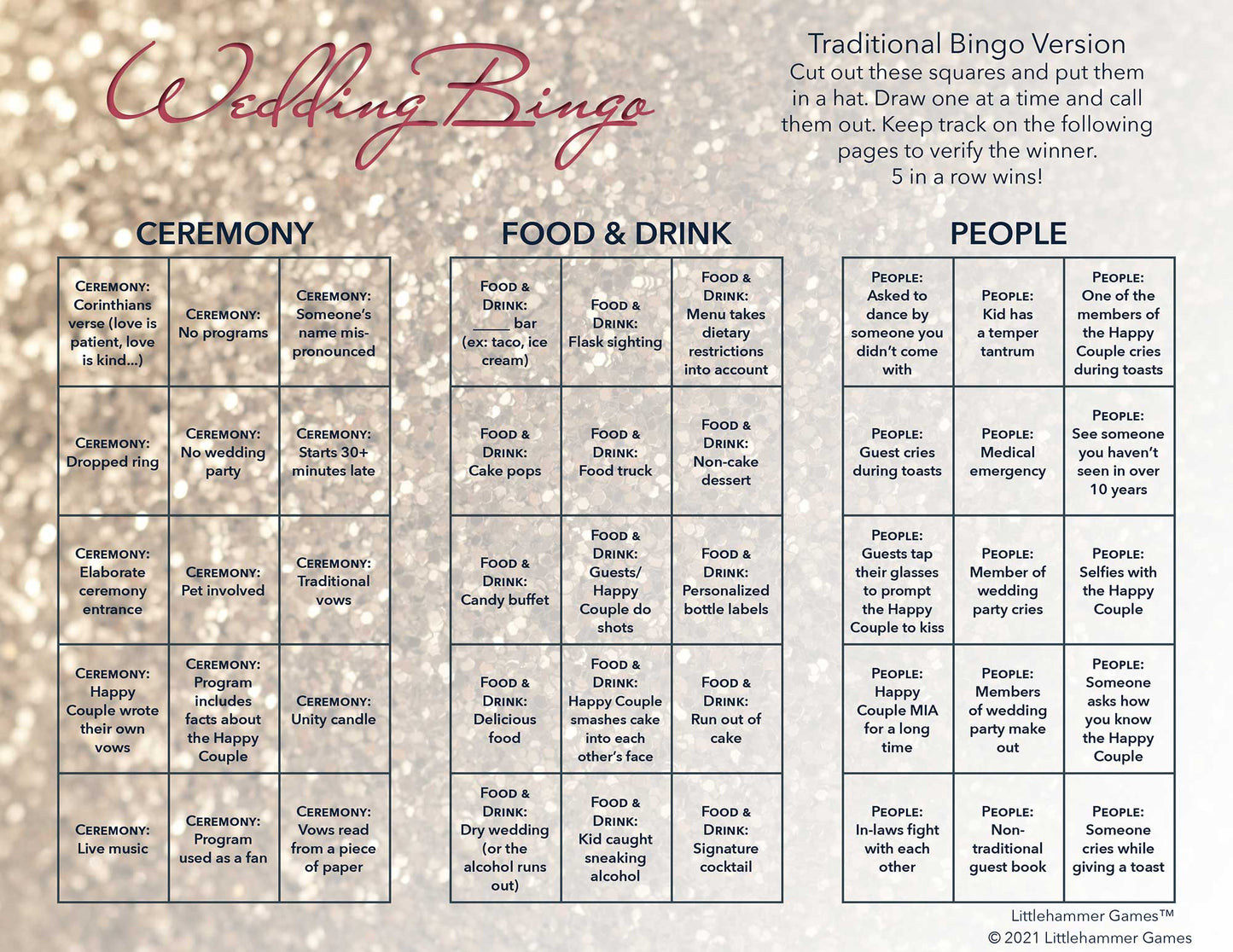 Wedding Bingo calling card on a glittery rose gold backgroundGlittery rose gold Wedding Bingo game cards with printing instructions