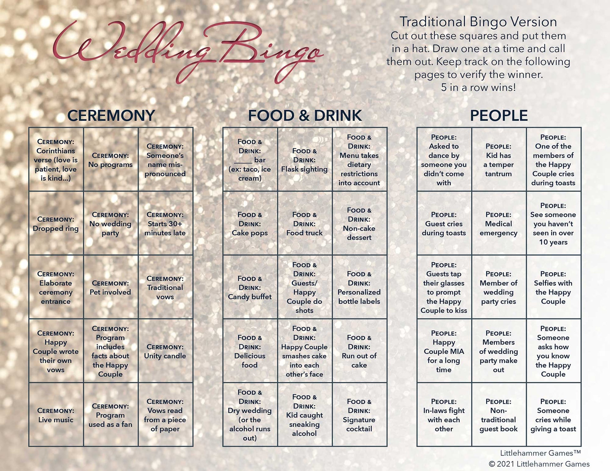 Wedding Bingo calling card on a glittery rose gold backgroundGlittery rose gold Wedding Bingo game cards with printing instructions