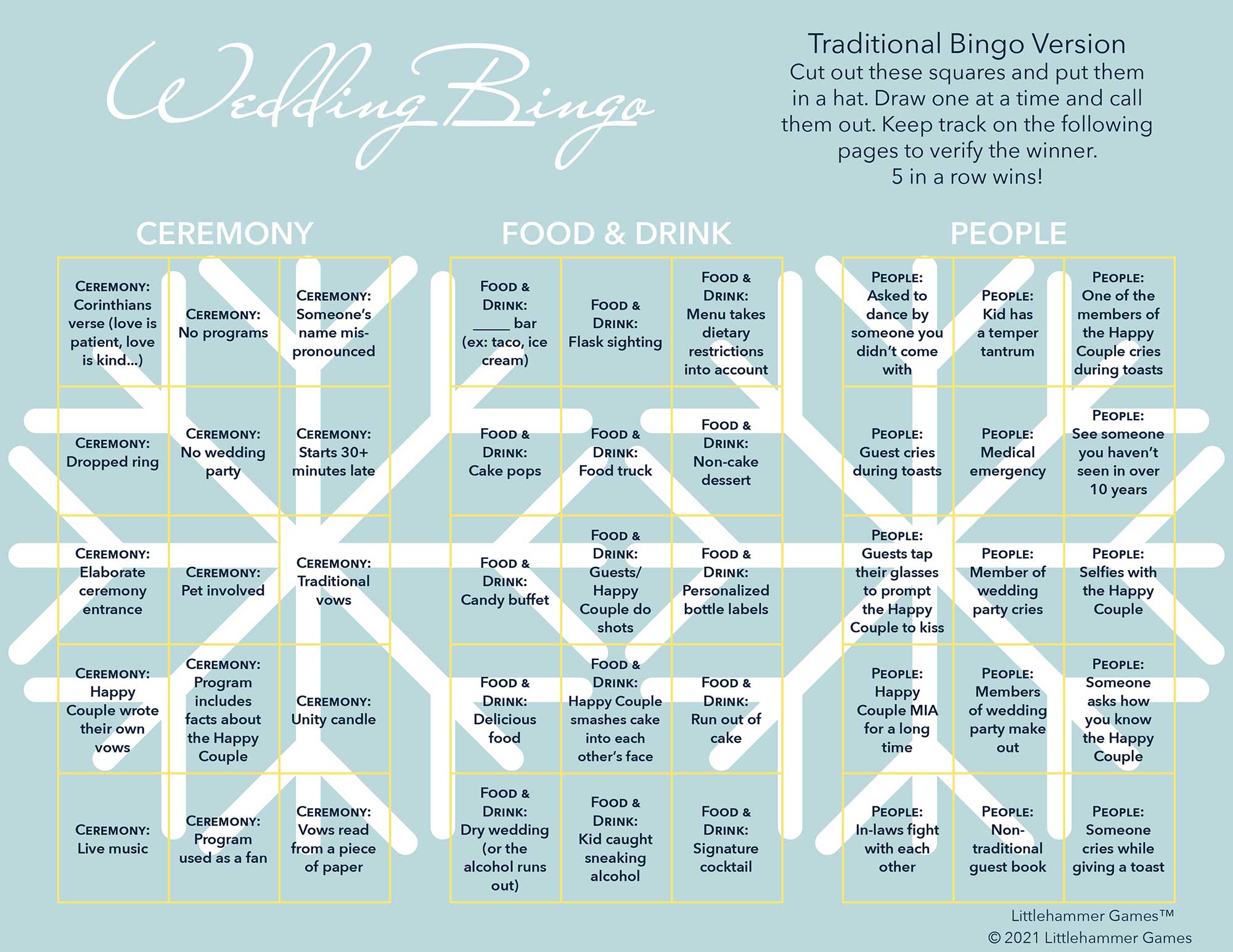 Wedding Bingo calling card on a snowflake background