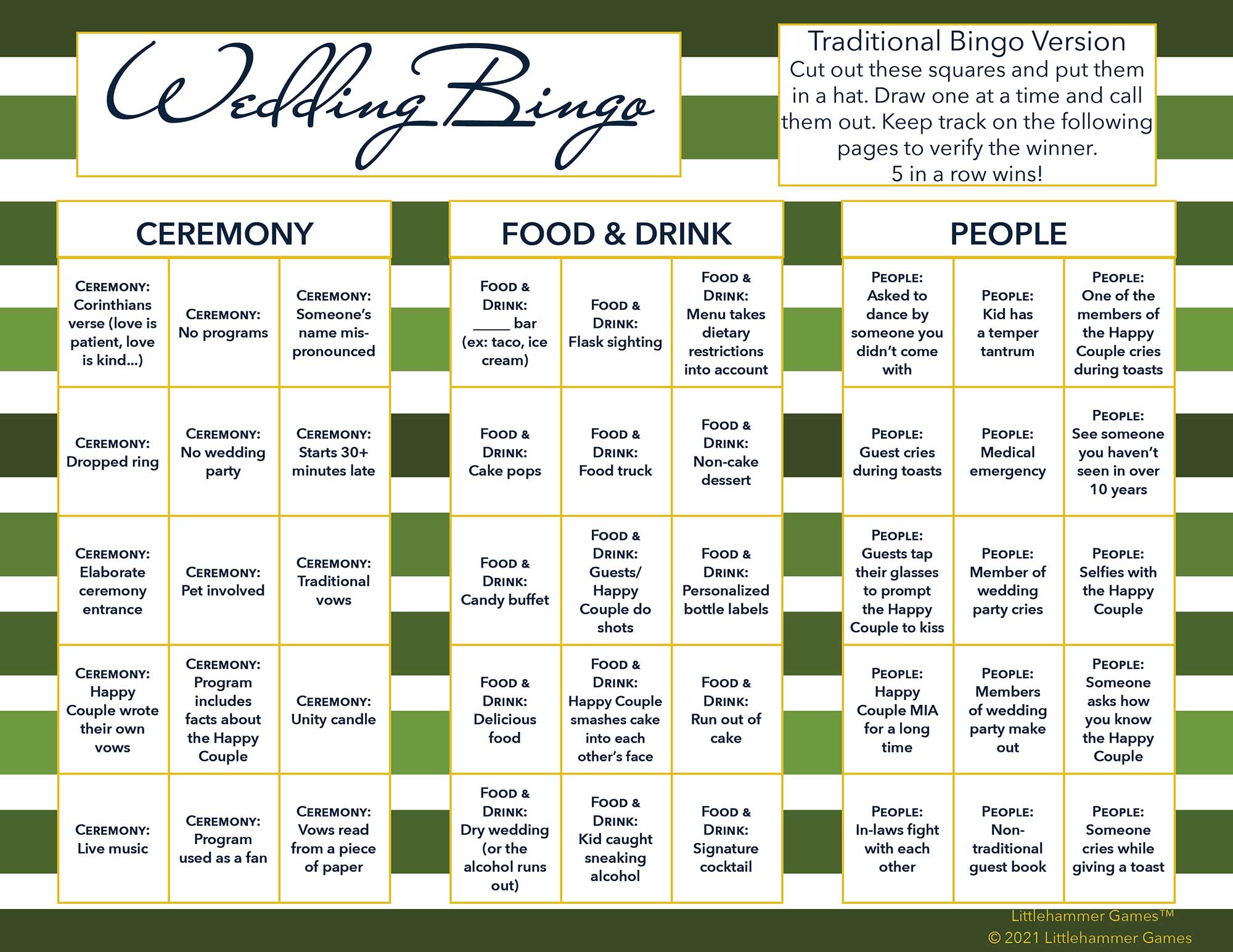 Wedding Bingo calling card on a green-striped background