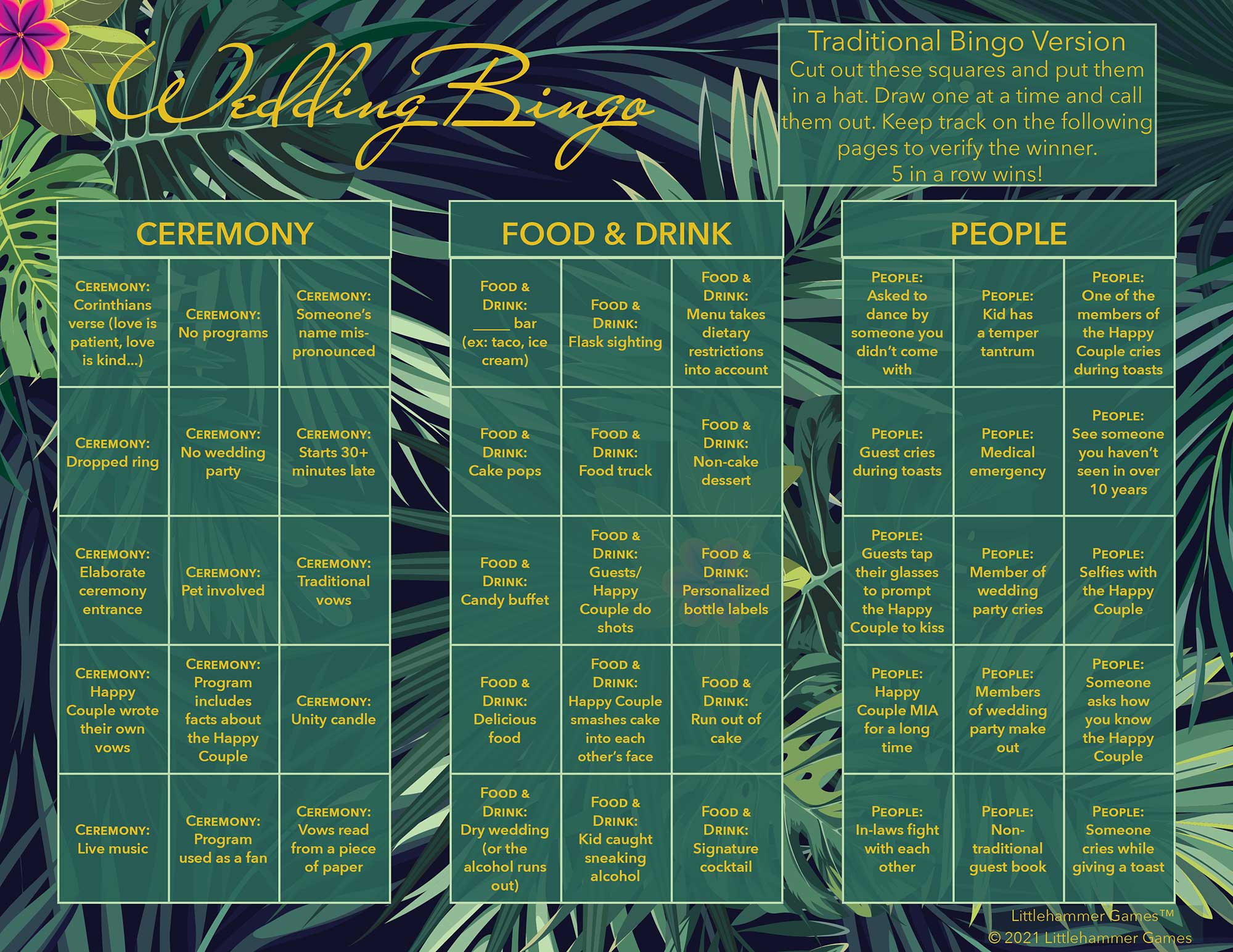 Wedding Bingo calling card on a tropical background