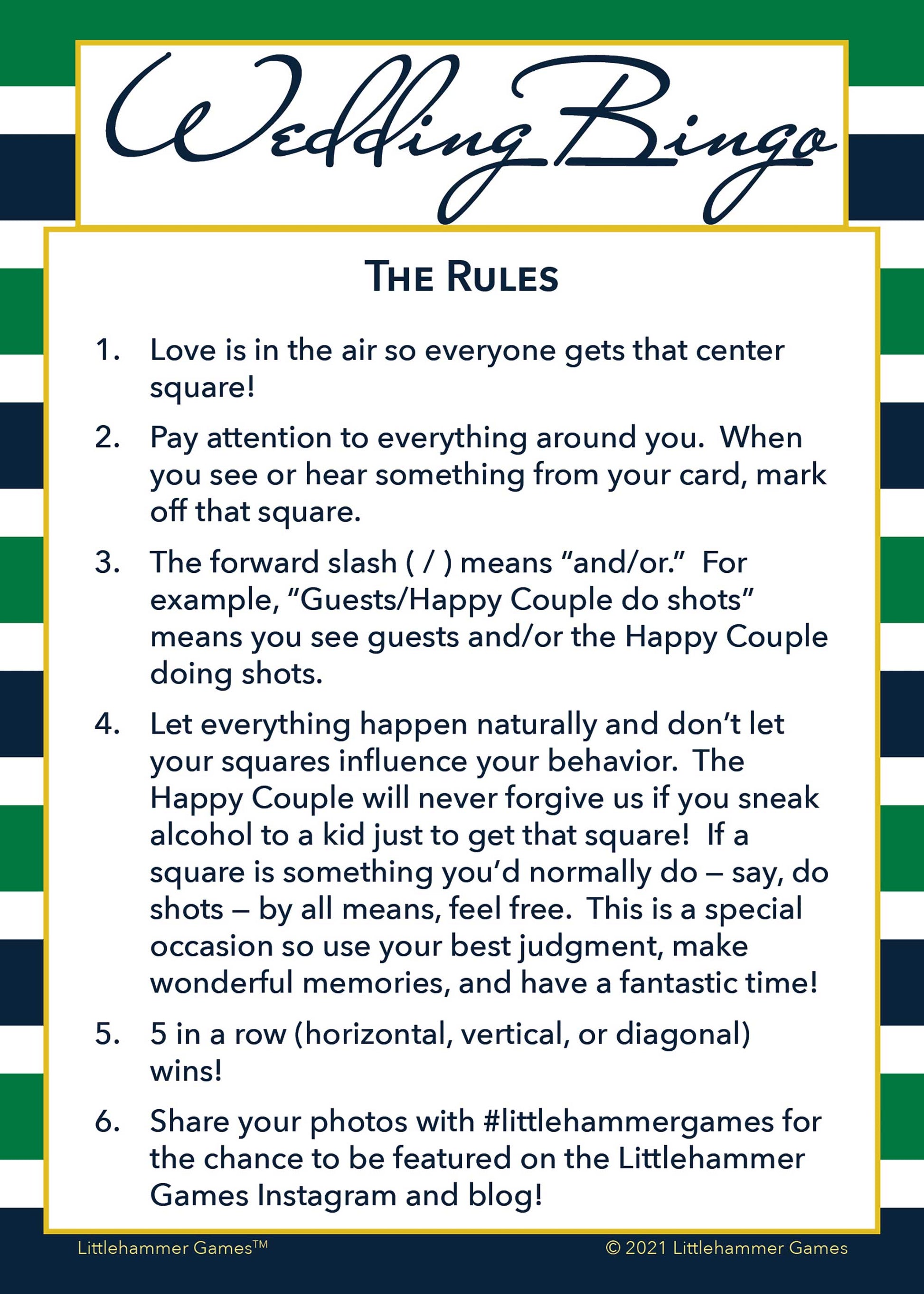 Wedding Bingo rules card on a green and navy-striped background
