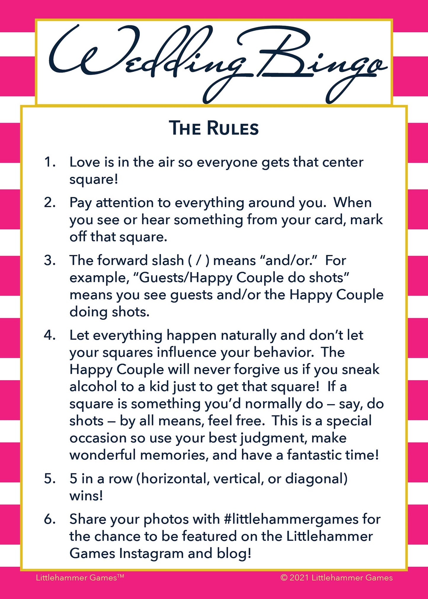 Wedding Bingo rules card on a pink-striped background