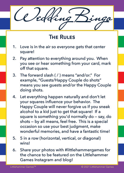 Wedding Bingo rules card on a rainbow-striped background
