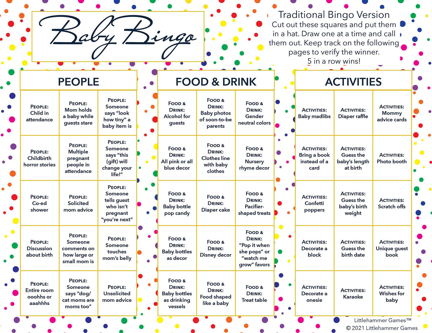 Baby Bingo calling card with a rainbow polka dot background