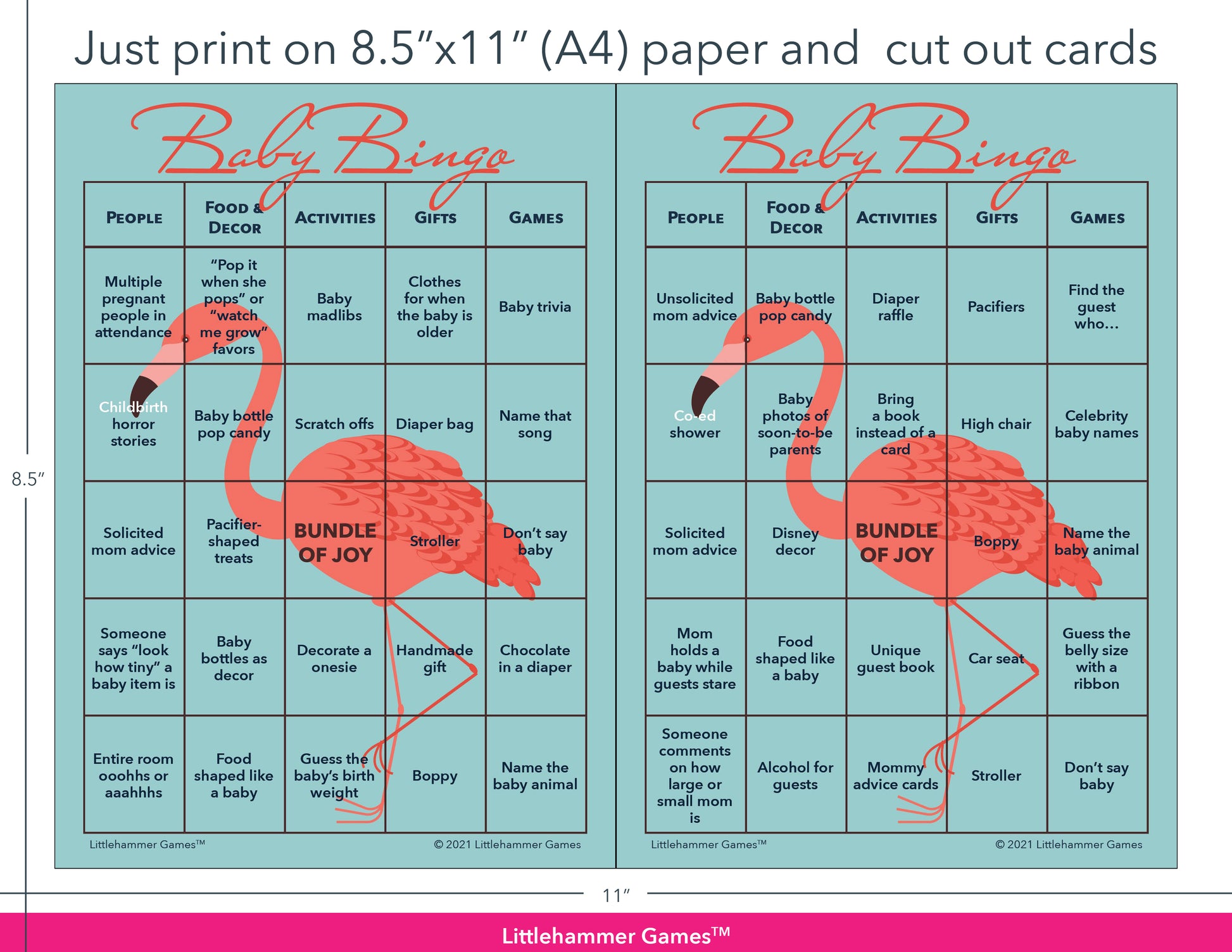 Flamingo-themed Baby Bingo game cards with printing instructions