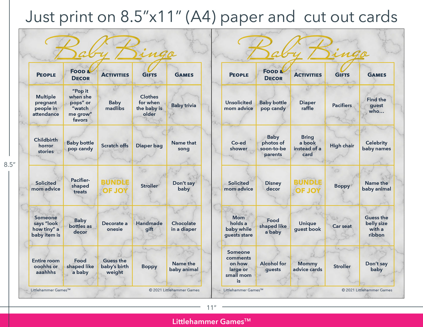 Gold and marble Baby Bingo game cards with printing instructions