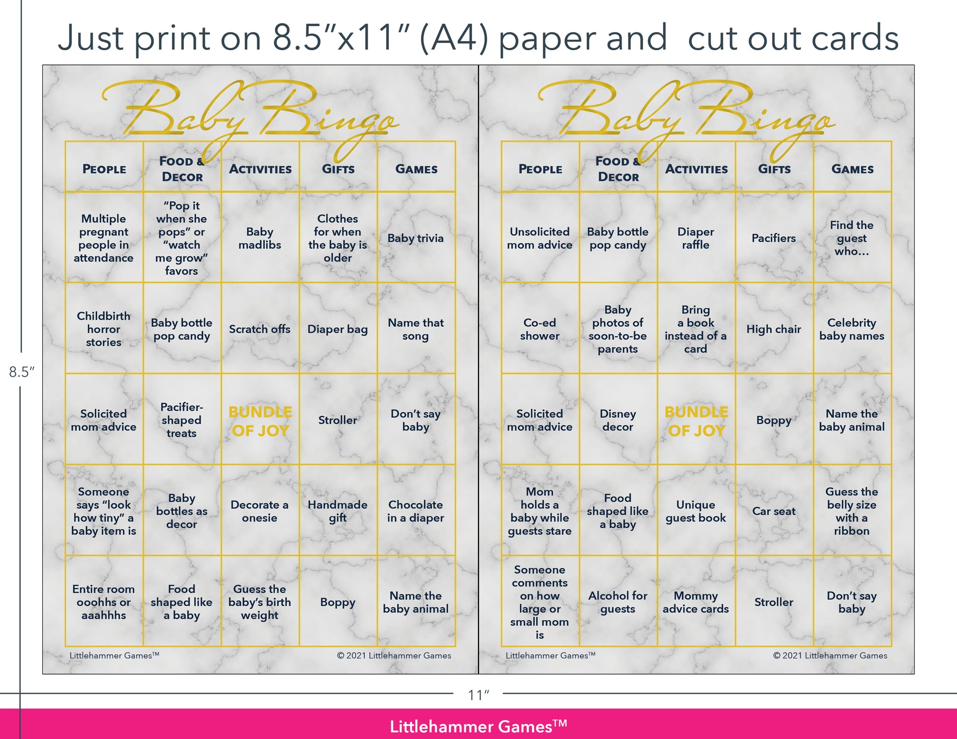Gold and marble Baby Bingo game cards with printing instructions