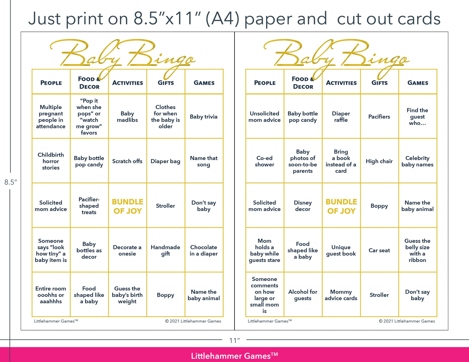 Gold and white Baby Bingo game cards with printing instructions