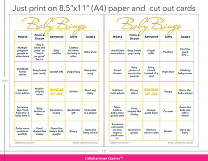 Gold and white Baby Bingo game cards with printing instructions