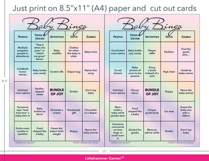 Holographic Baby Bingo game cards with printing instructions