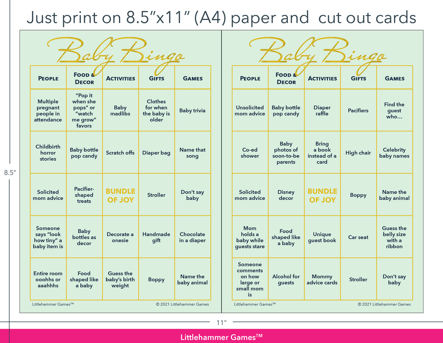 Gold and mint Baby Bingo game cards with printing instructions