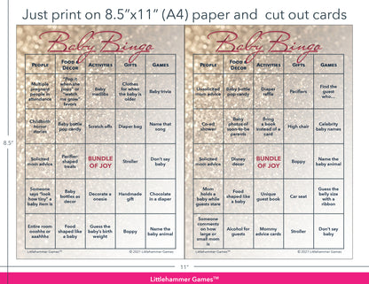 Glittery rose gold Baby Bingo game cards with printing instructions