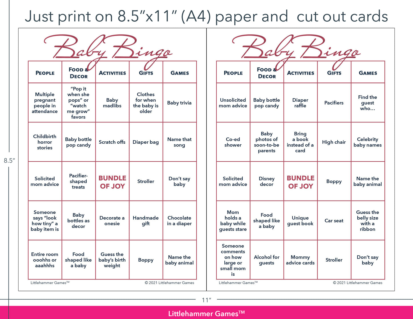 Rose gold and white Baby Bingo game cards with printing instructions