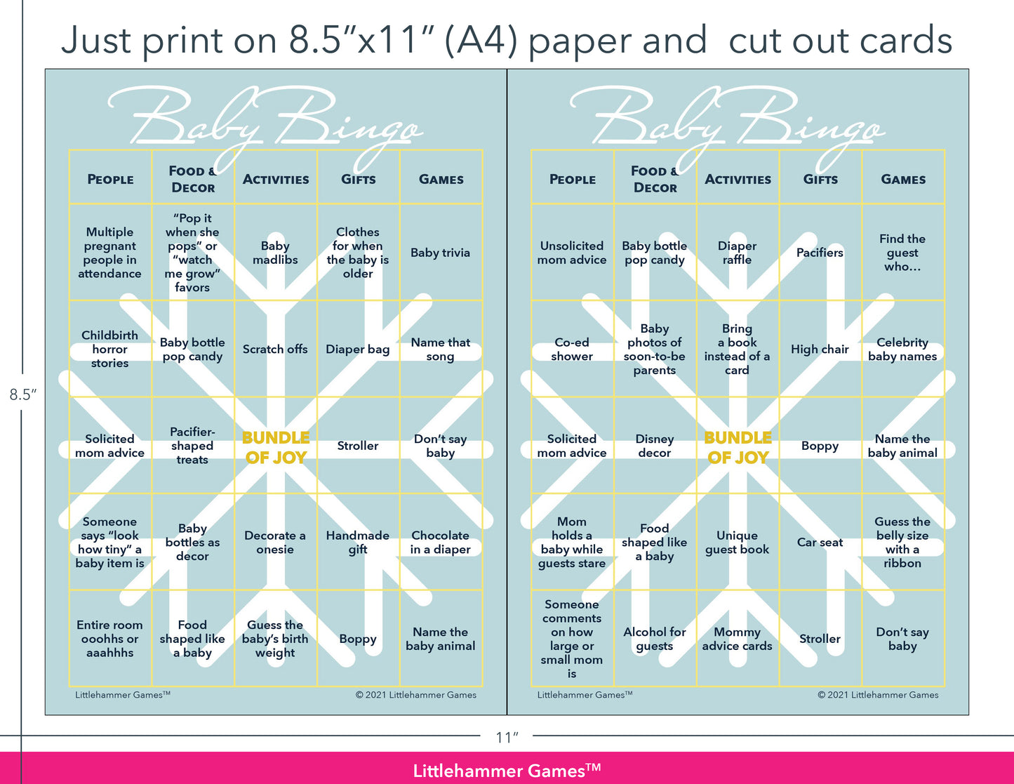 Snowflake Baby Bingo game cards with printing instructions