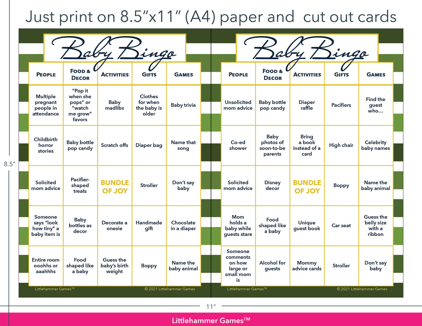 Green-striped Baby Bingo game cards with printing instructions