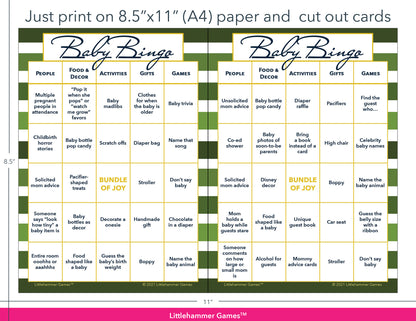 Green-striped Baby Bingo game cards with printing instructions