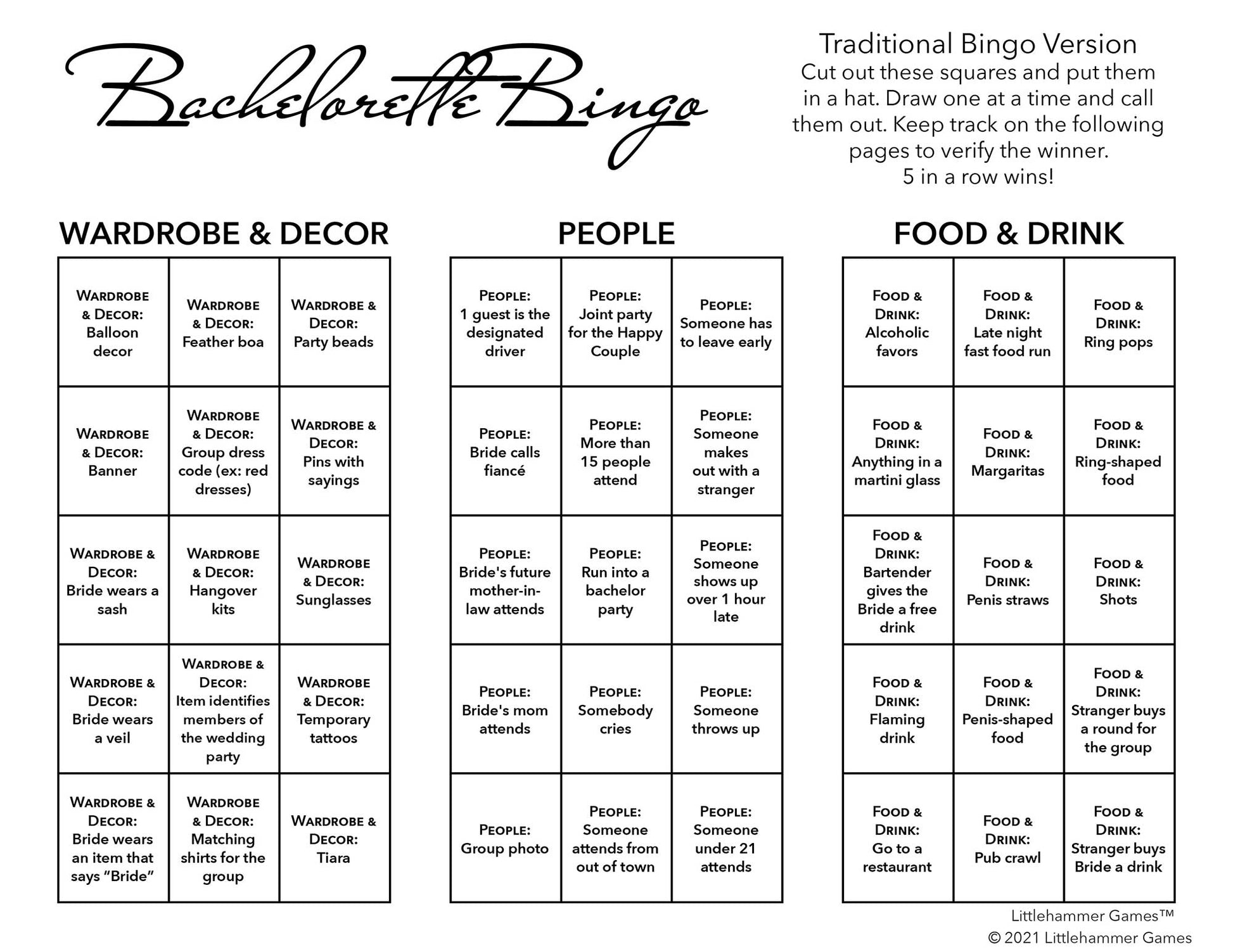 Bachelorette Bingo calling card with black text on a white background