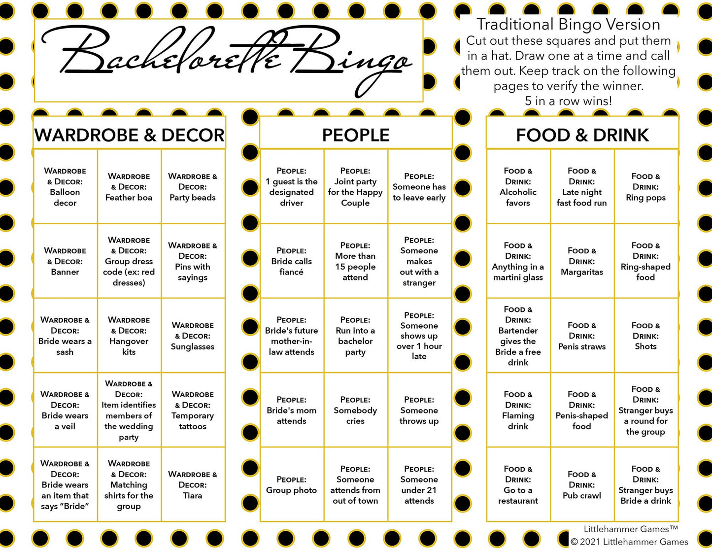 Bachelorette Bingo calling card with a black and gold polka dot background