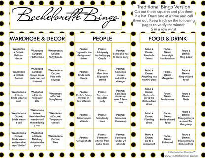 Bachelorette Bingo calling card with a black and gold polka dot background