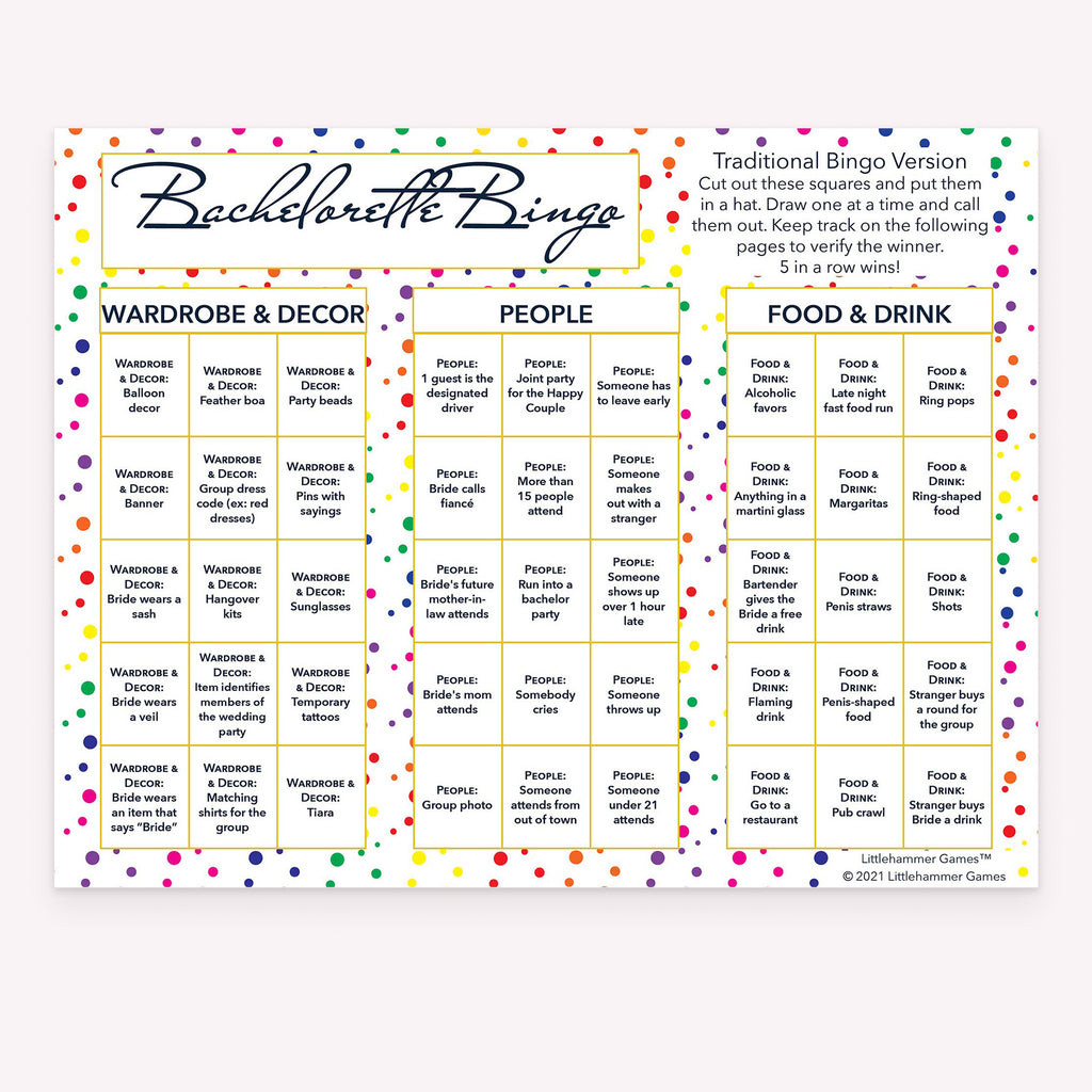 Bachelorette Bingo calling card with a rainbow polka dot background