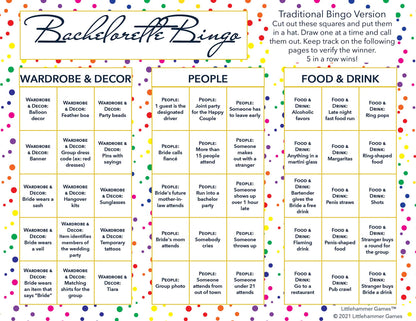 Bachelorette Bingo calling card with a rainbow polka dot background